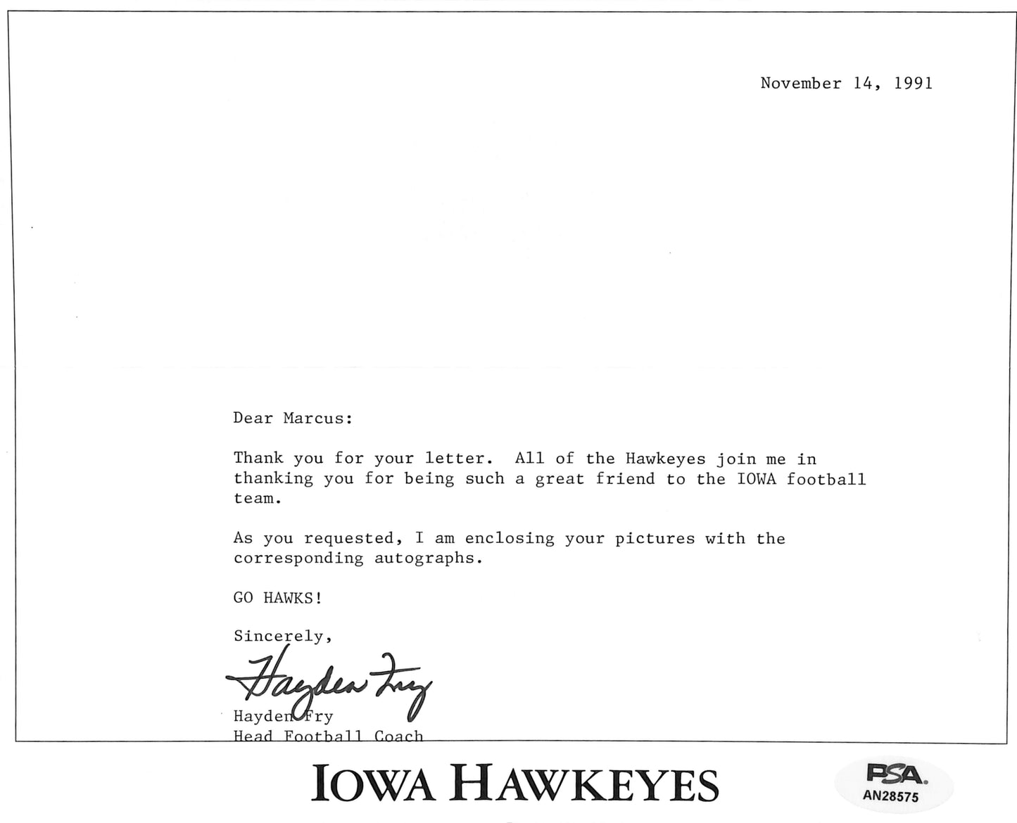 Hayden Fry Football Coach Signed Tls Letter