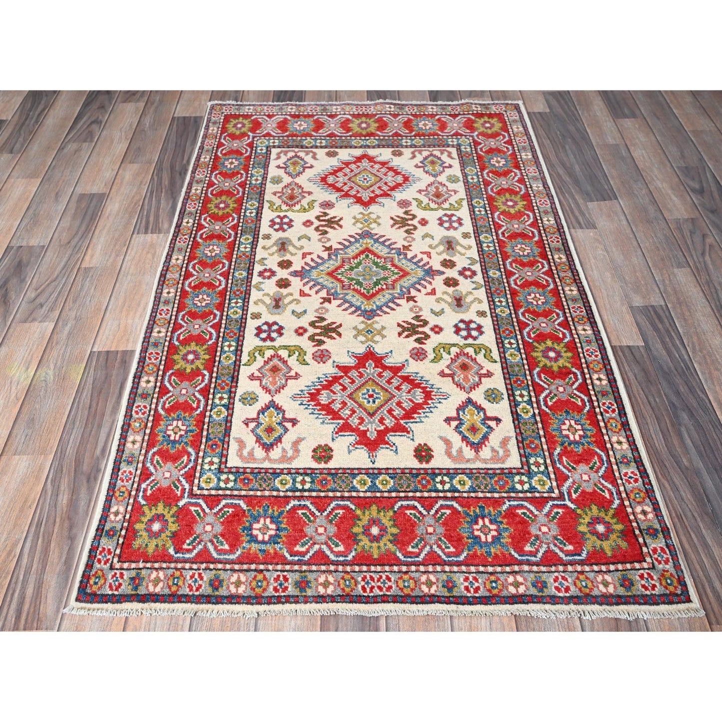 3'2"X5'3" White Hand Knotted Kazak Geometric Medallions Design All Wool Rug