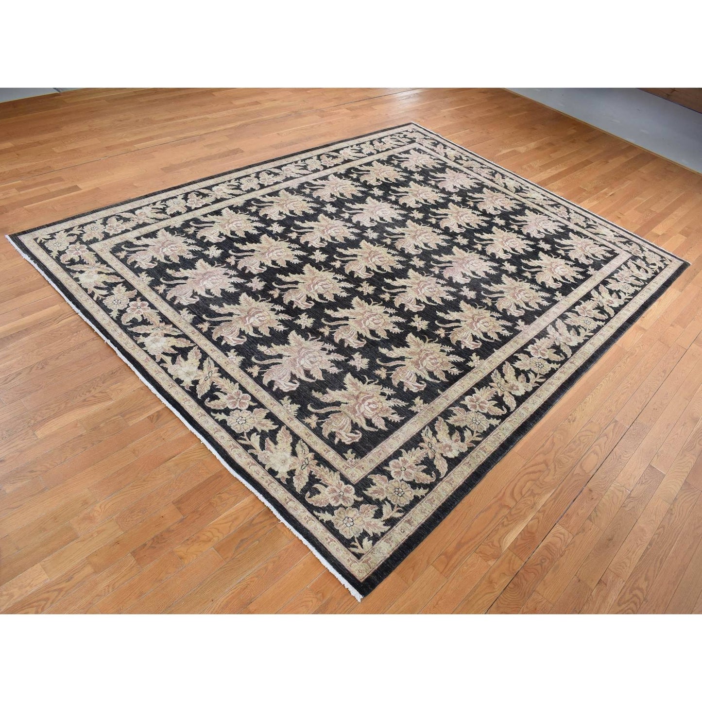 9'1"X12'4" Black Fine Peshawar Design Hand Knotted Pure Wool Rug