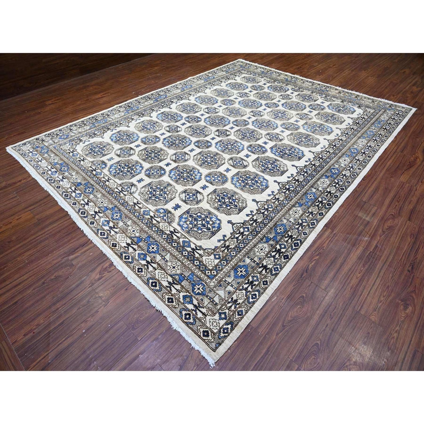 9'1"X12' Porcelain Ivory Afghan Ersari Design Hand Knotted Wool Rug