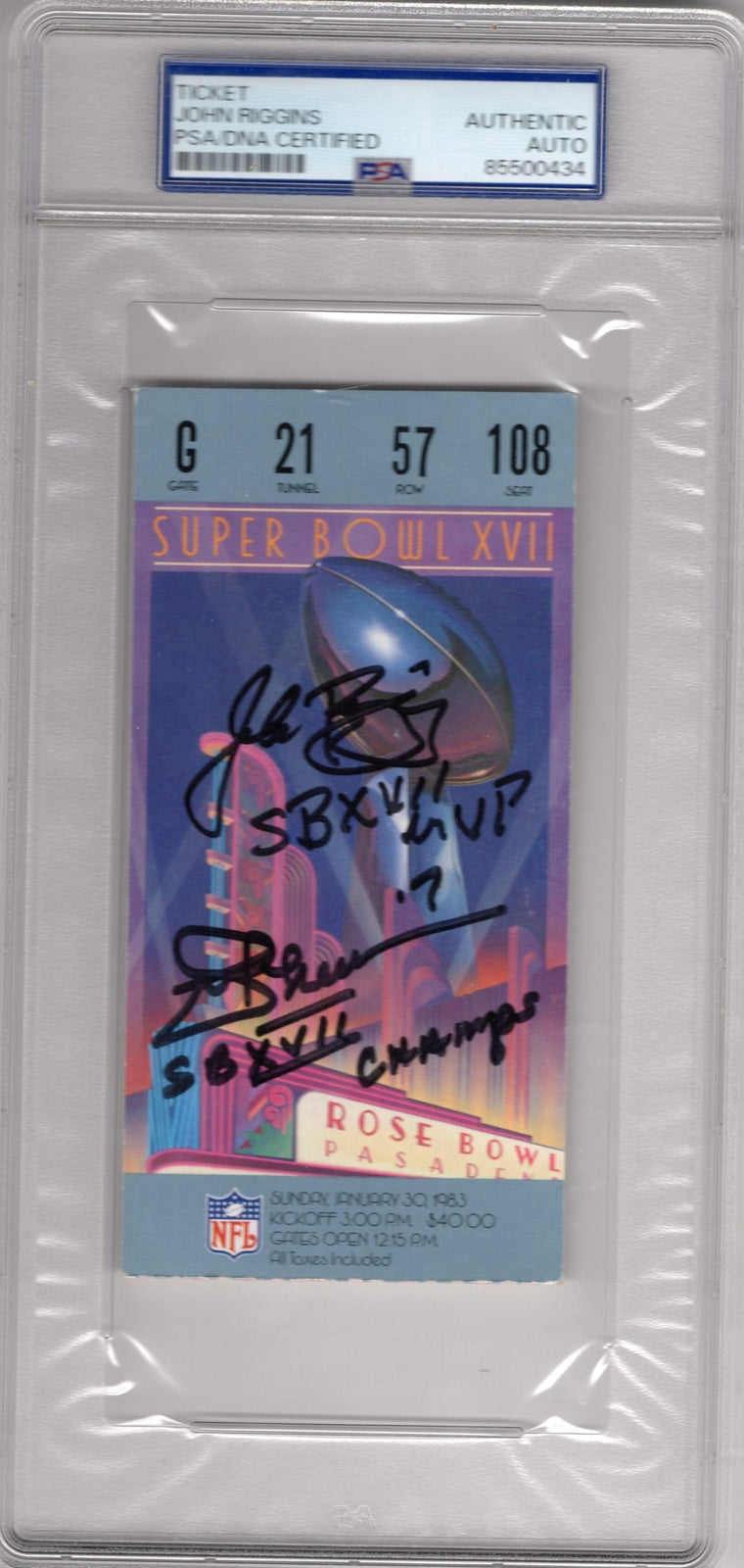 John Riggins Superbowl Xvii Autographed Ticket Psa Authentic Auto
