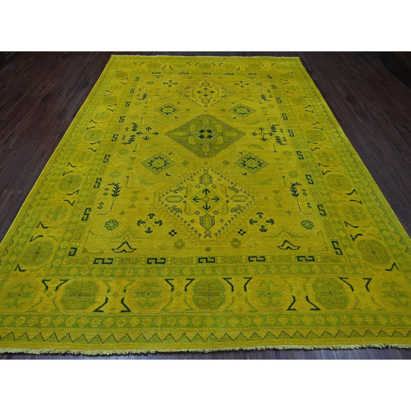 8'6"X11'4" Yellow Overdyed Kazak Geometric Design Hand Knotted Wool Rug