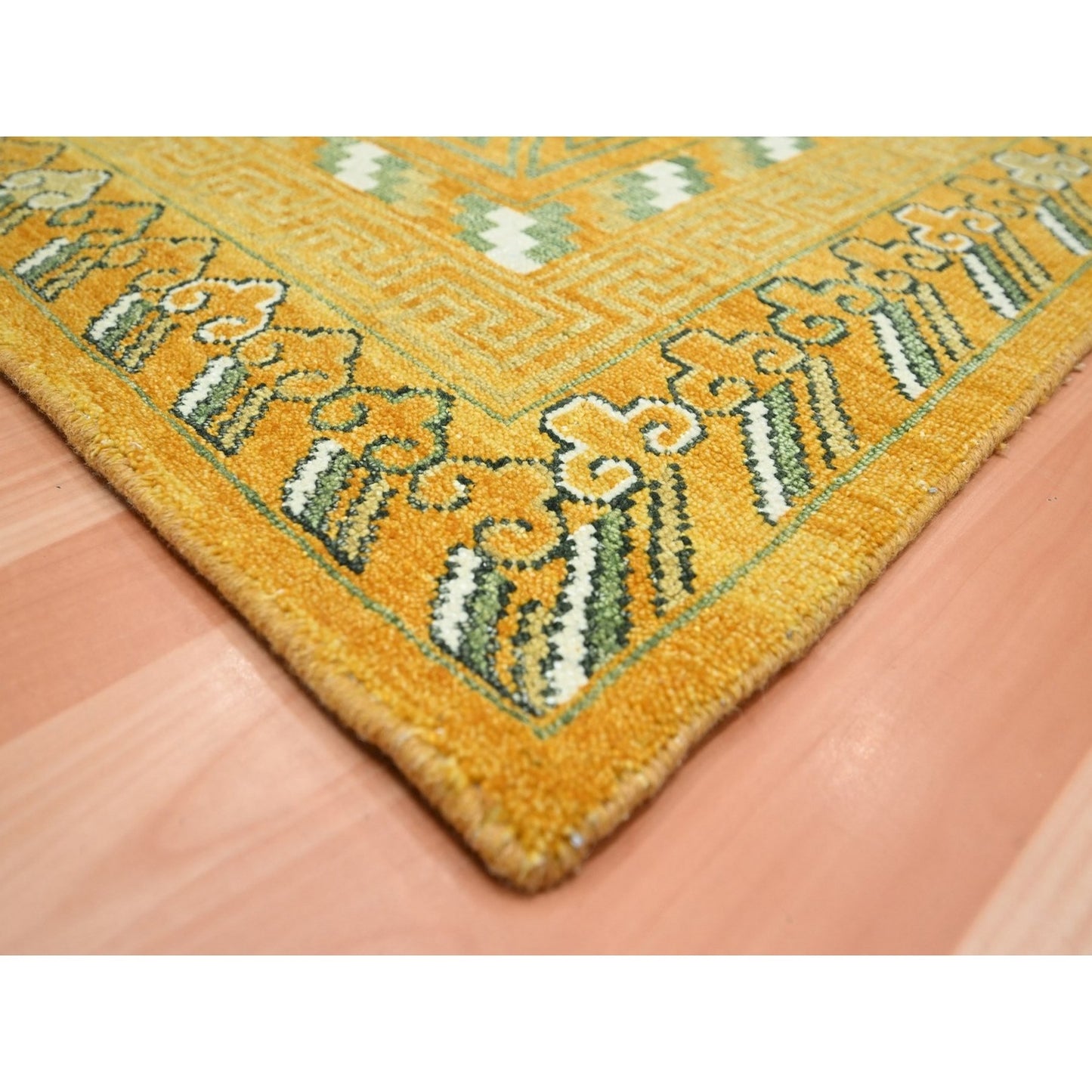 9'X12'4" Golden Yellow Khotan Design Hand Knotted 100% Wool Oriental Rug