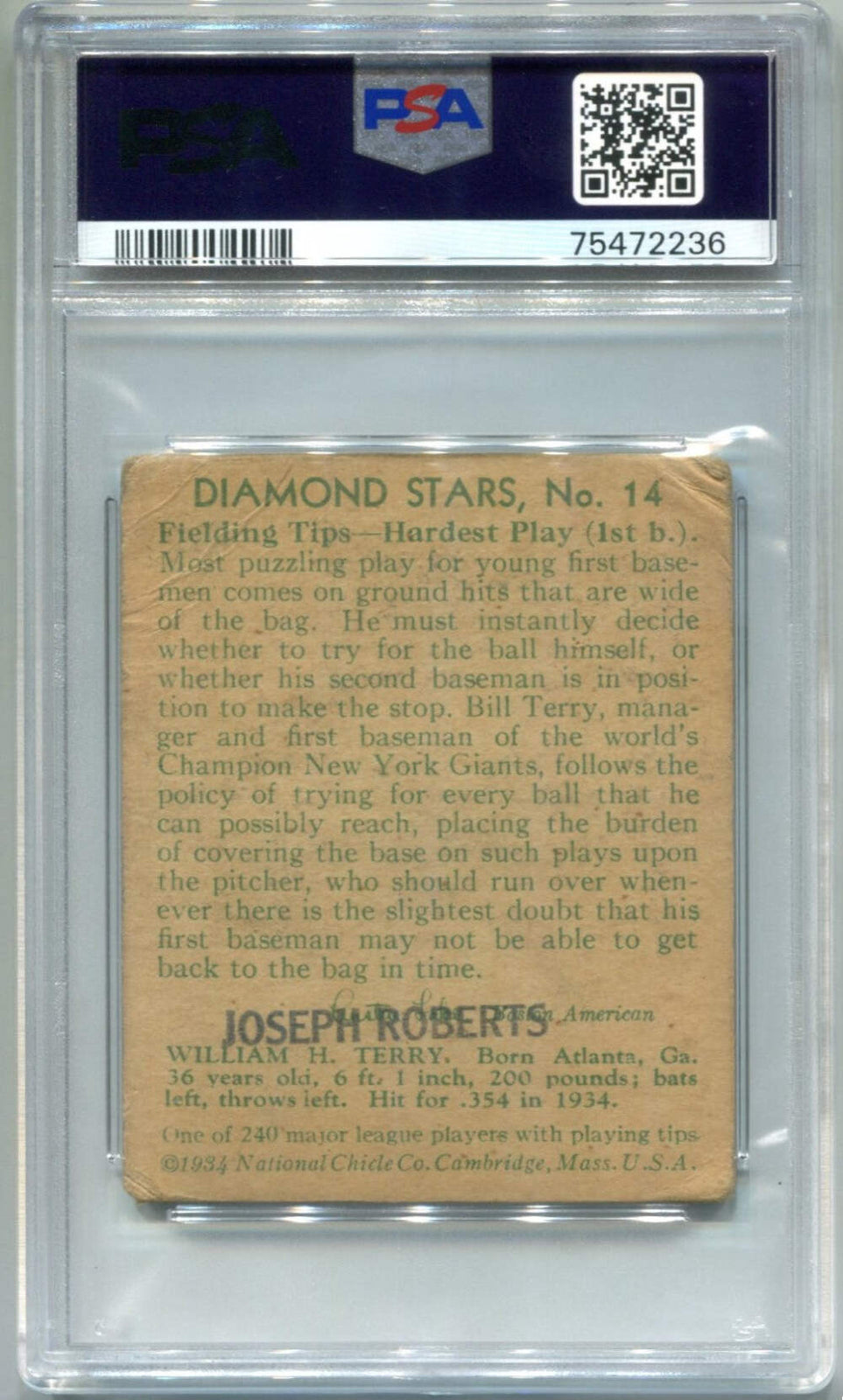 1935 Diamond Stars Bill Terry #14 Psa 1 Pr (Mk) Card