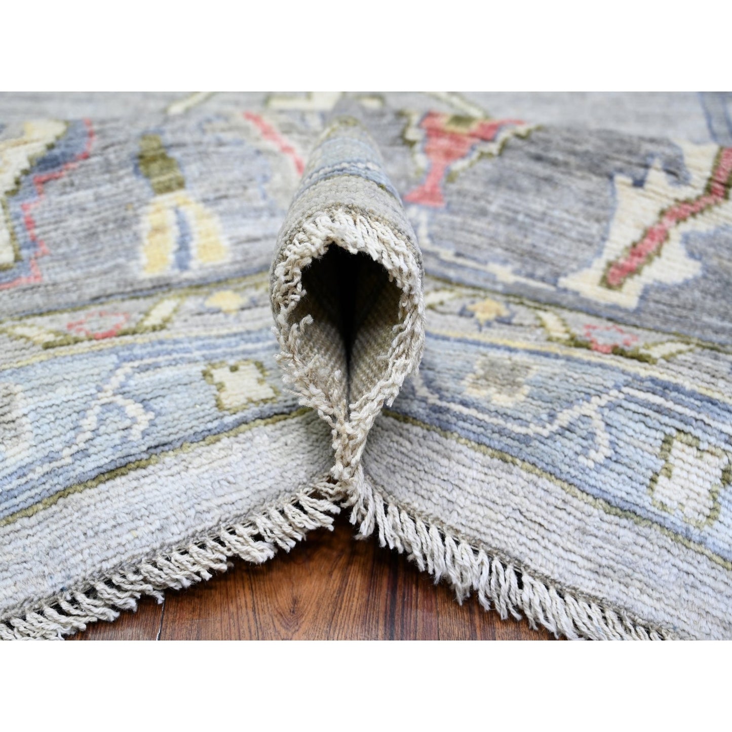 12'2"X15'5" Gray Angora Oushak Colorful Motifs Soft Wool Oriental Rug