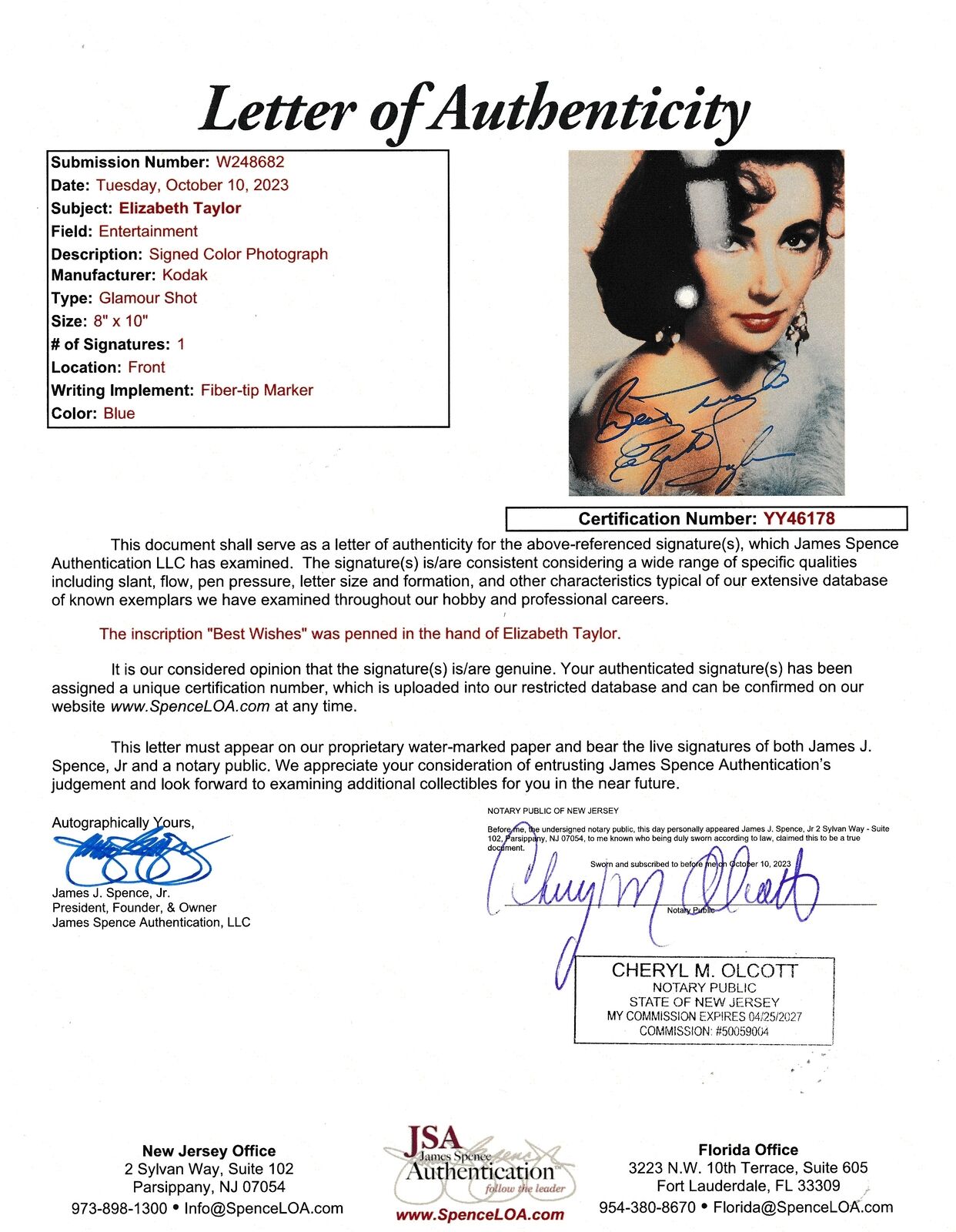 Elizabeth Taylor Signed/Inscribed "Best Wishes"