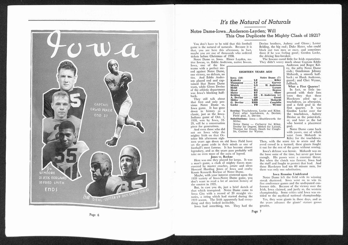 1939 Iowa Vs Notre Dame Vintage College Football