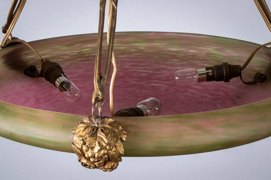 Schneider Signed Chandelier Gilt Bronze Art Glass