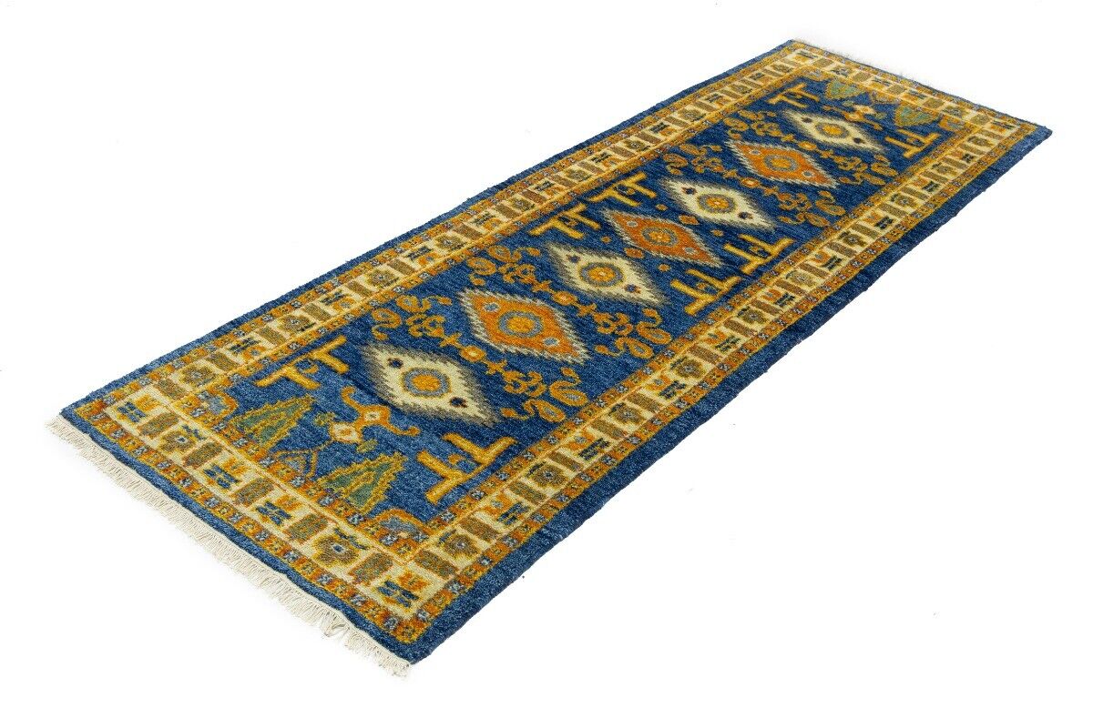 Vintage Style Blue Geometric Kazak Runner Rug