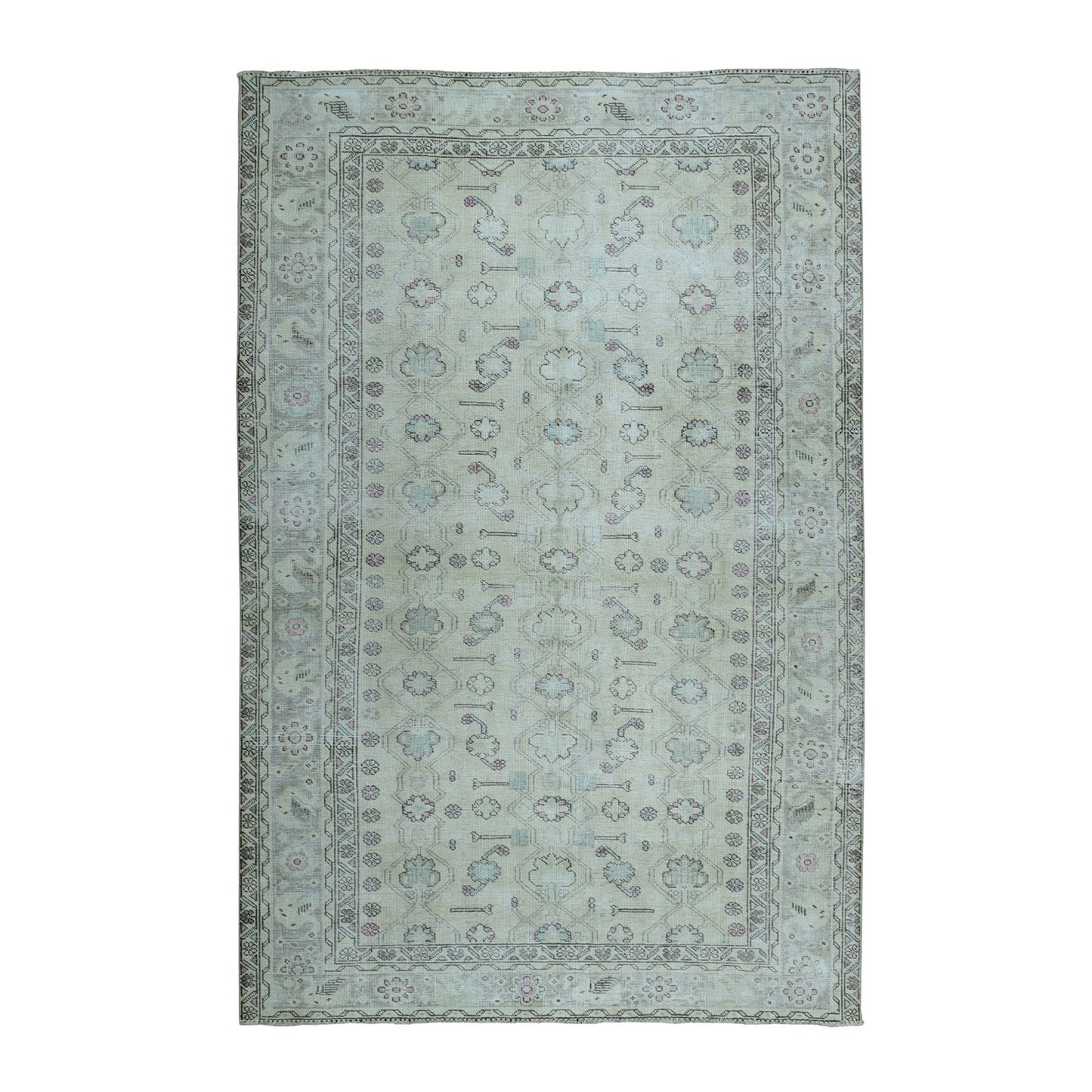 6'3"X9'1" Gray Vintage Farsian Tebraz Worn Pile Hand Knotted Oriental Rug