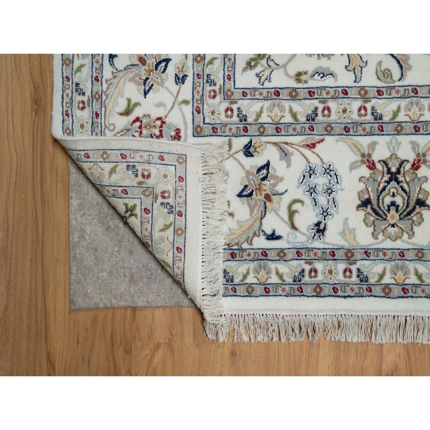 9'X12'1" White Hand Knotted Nain Flower Design Wool And Silk 250 Kpsi Rug