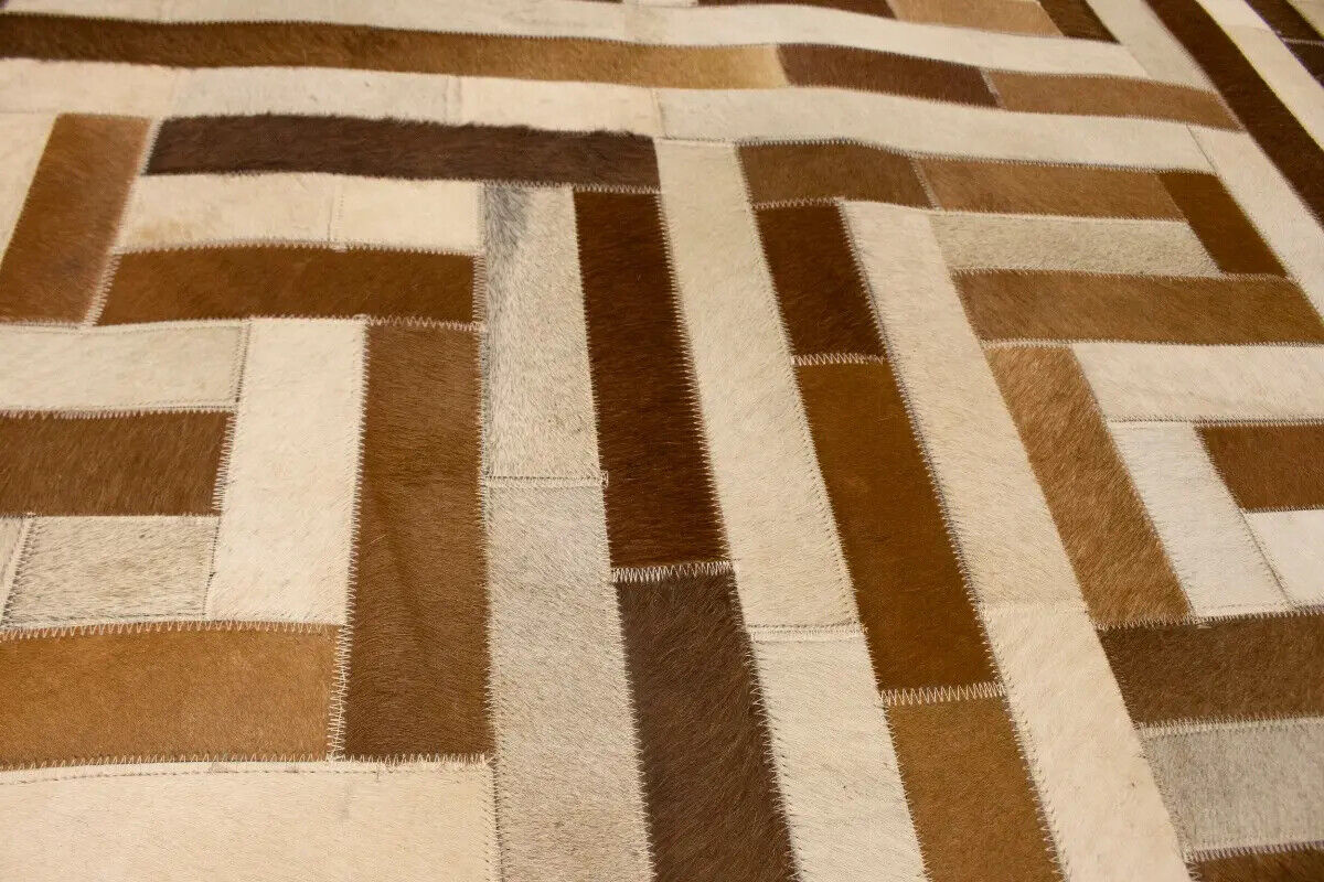 Handcrafted Brown Beige Cowhide Leather Rug