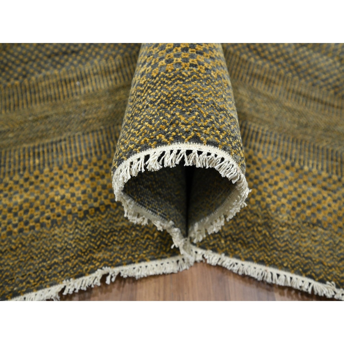 9'2"X12'6" Bone Brown Modern Grass Design Hand Knotted Wool And Silk Rug