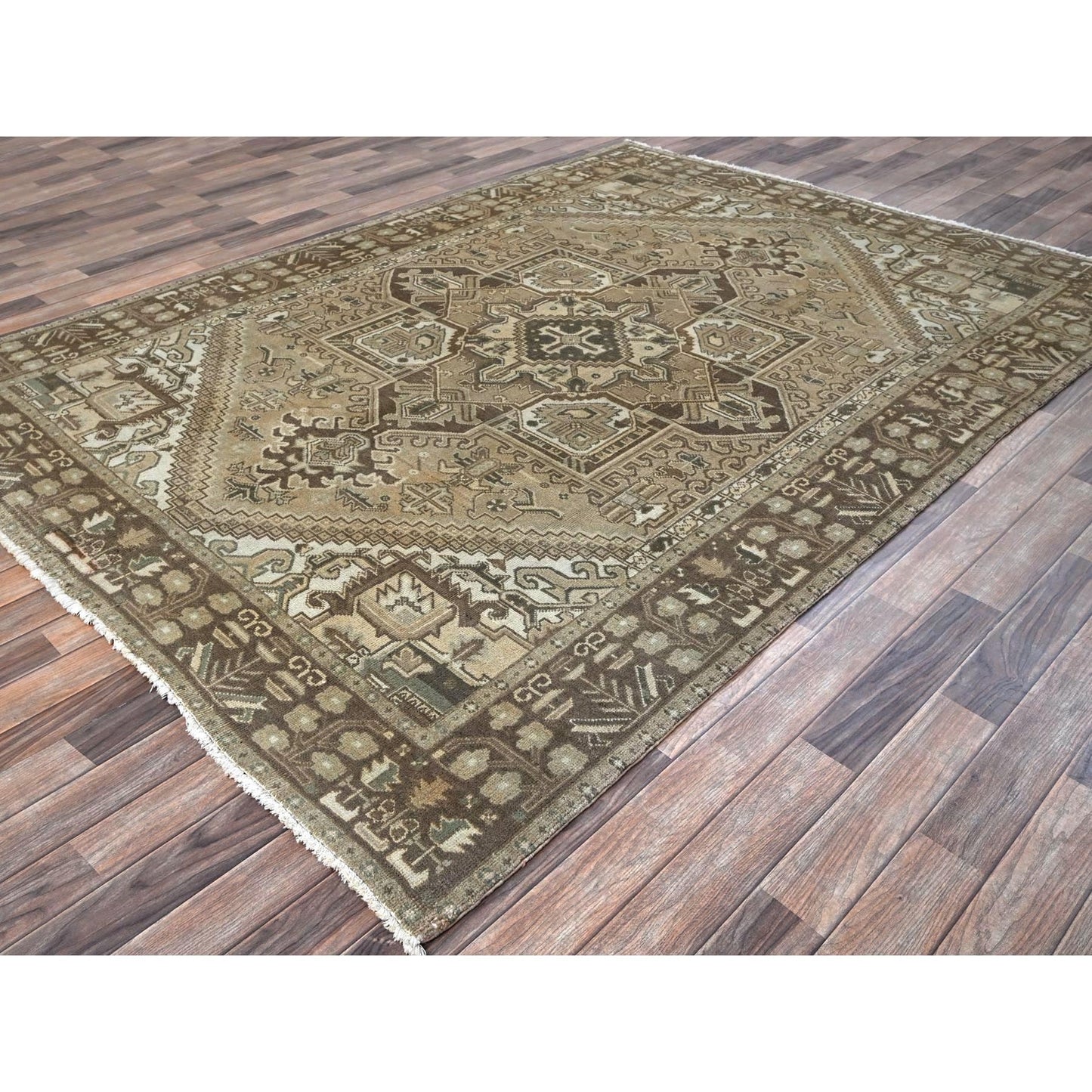 6'7"X9'3" Khaki Brown Vintage Zoroastrian Heris Hand Knotted Pure Wool Rug
