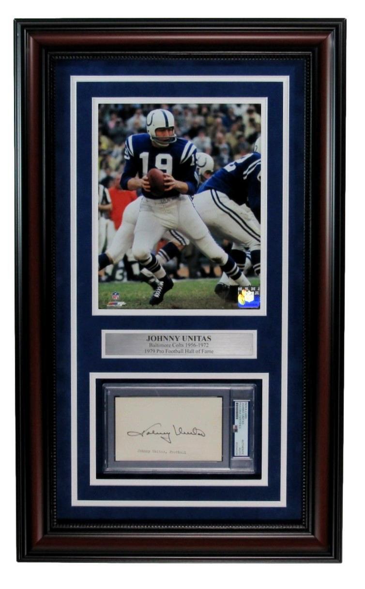 Johnny Unitas Hof Signed 3X5 Index Card W/ Photo