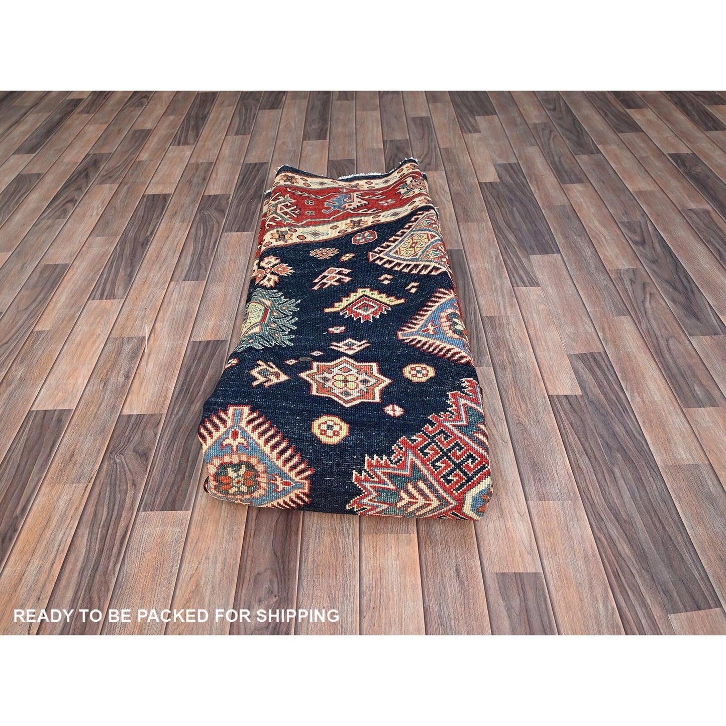 9'X9' Blue Special Kazak Geometric Wool Hand Knotted Round Oriental Rug