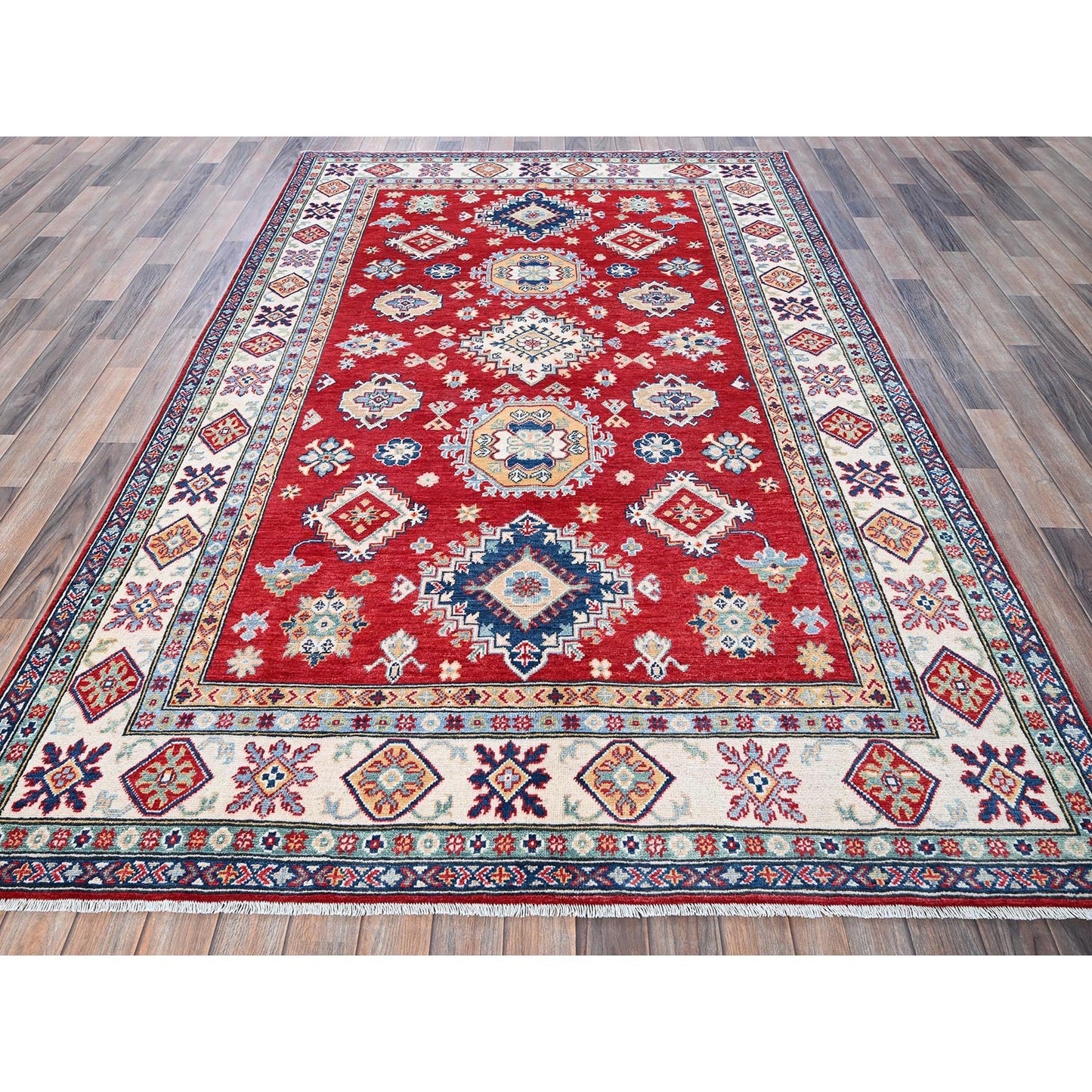 5'10"X8'8" Red Kazak With Geometric Medallions Design Wool Hand Knotted Rug