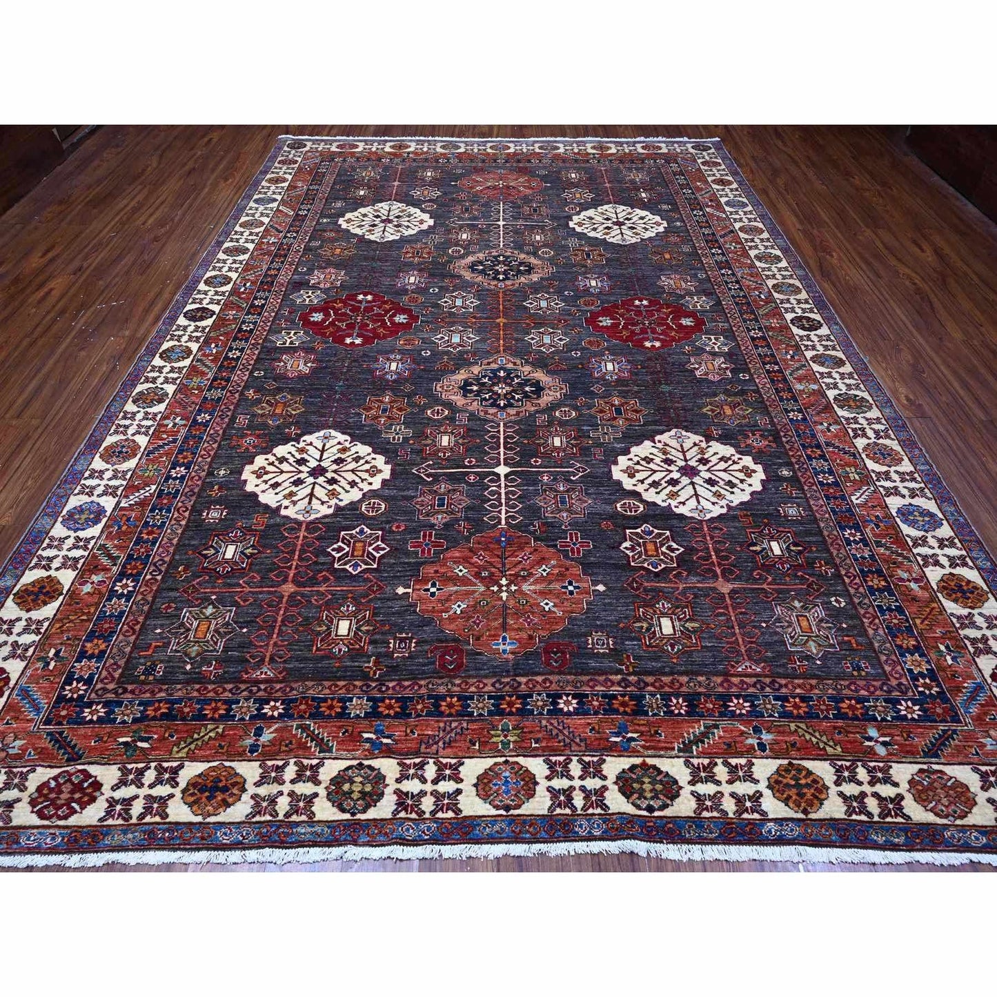 9'X12'3" Gray Tribal Medallions Hand Knotted Super Kazak Oriental Rug