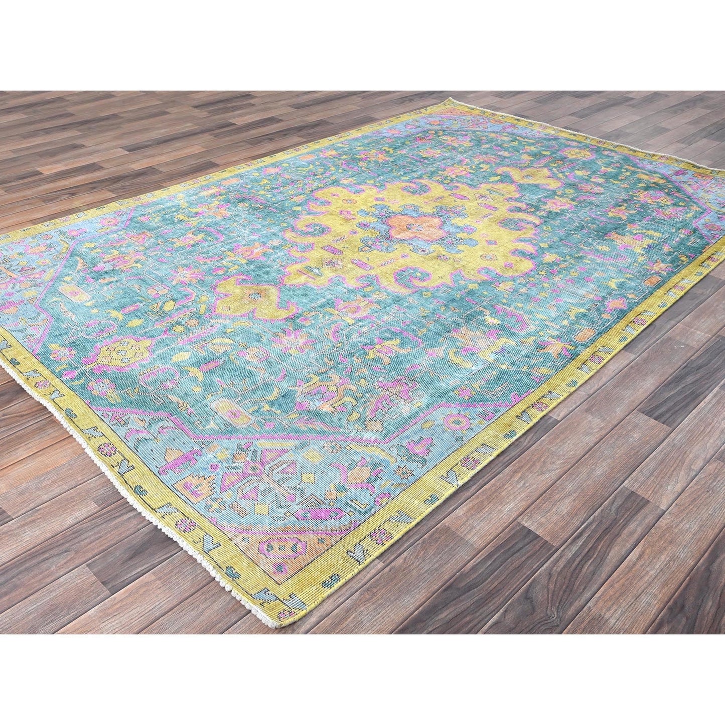 5'10"X9' Green Painted Vintage Zoroastrian Tebraz Hand Knotted Wool Rug