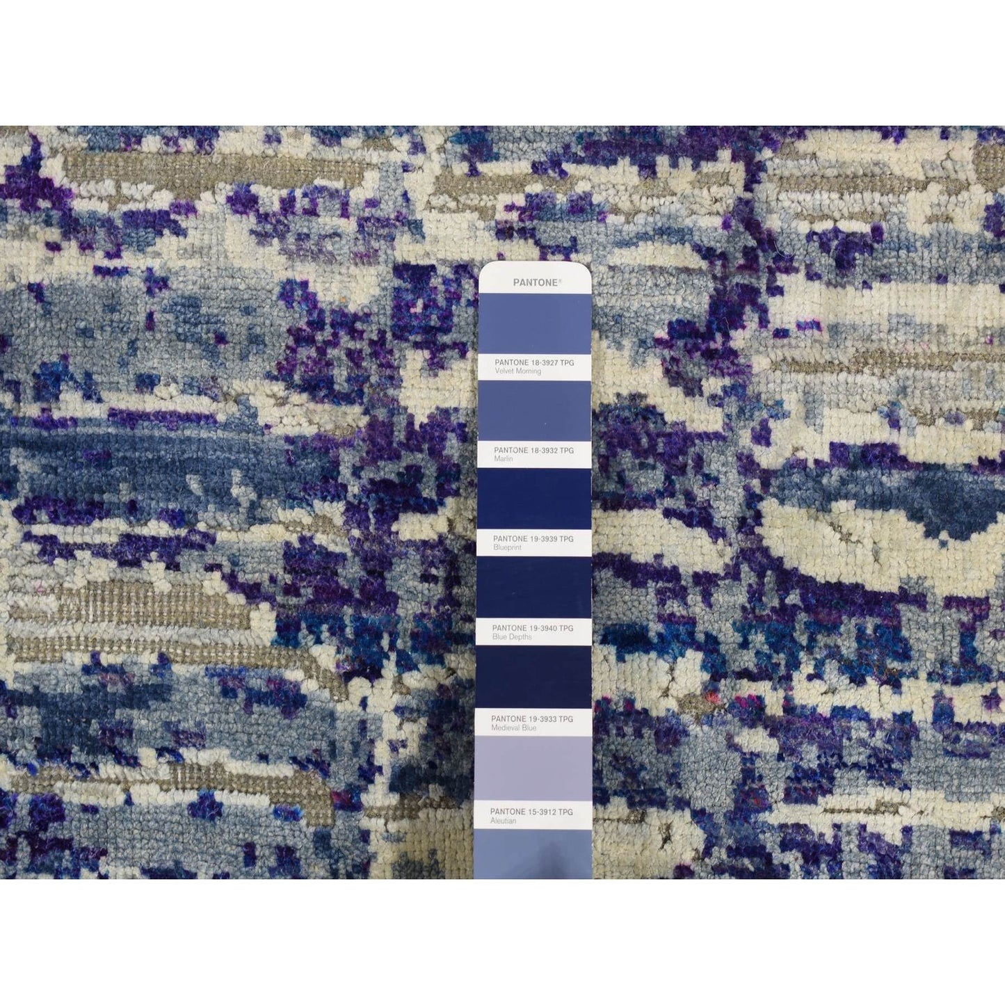 10'2"X13'10" Indigo Diminishing Bricks Sari Silk Hand Knotted Rug