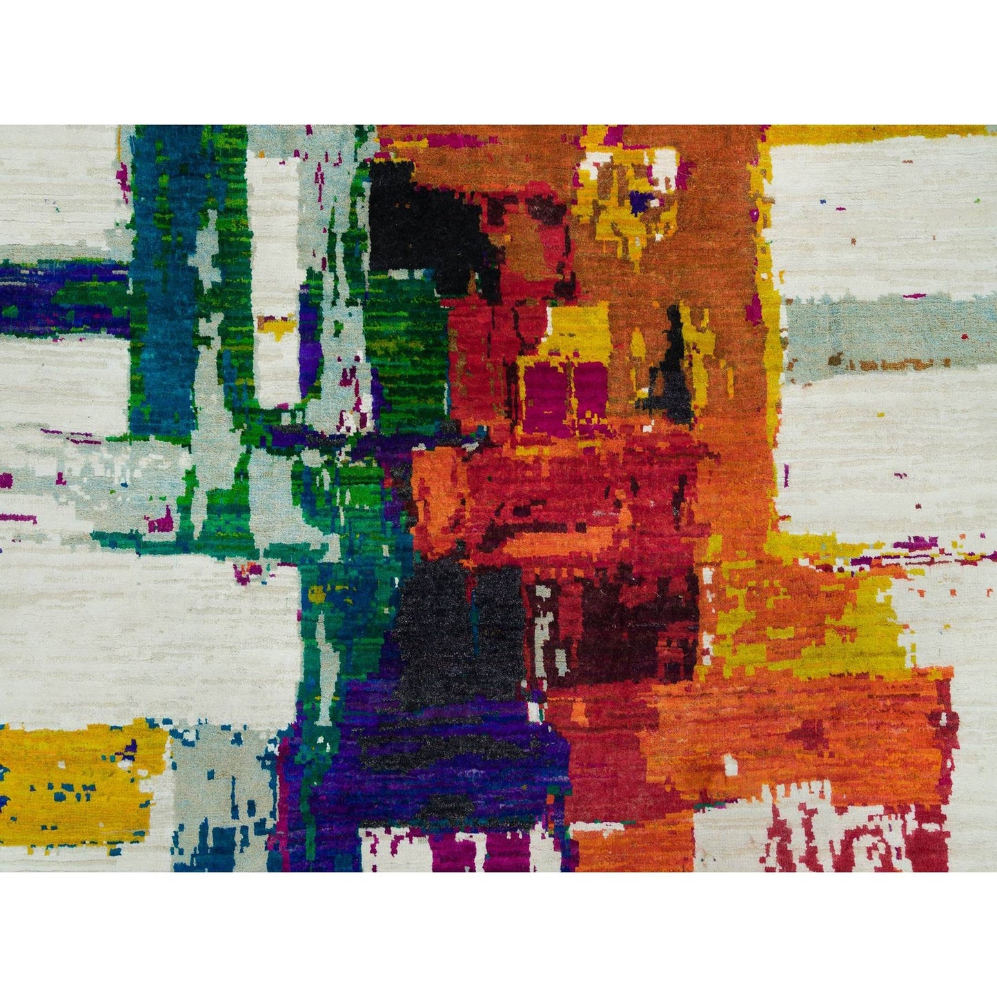 4'X5'10" Castle Ivory Abstract Motifs Wool And Sari Silk Hand Knotted Rug