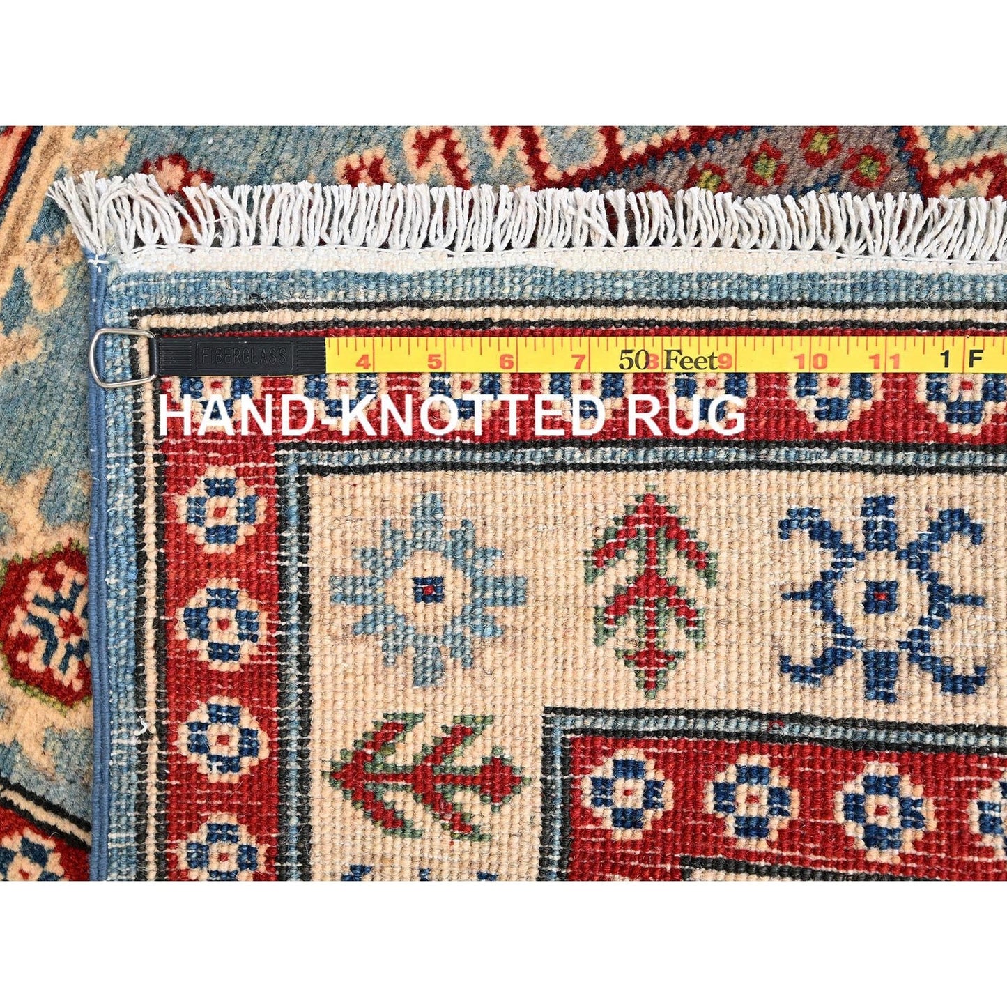 2'10"X13'5" Blue Kazak With Geometric Design Hand Knotted Rug Wool Runner