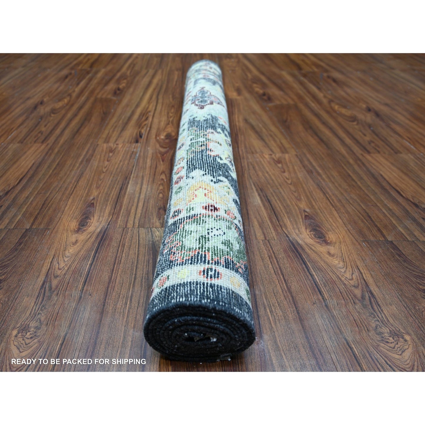 4'4"X9'6" Black Angora Oushak Leaf Design Wool Hand Knotted Runner Rug