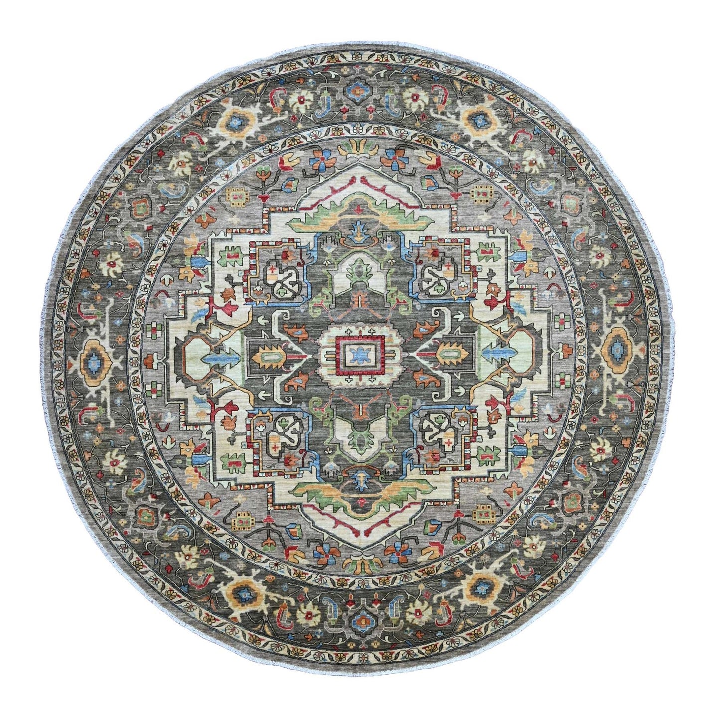 10'X10' Sonic Gray Peshawar With Heris Design Wool Hand Knotted Round Rug