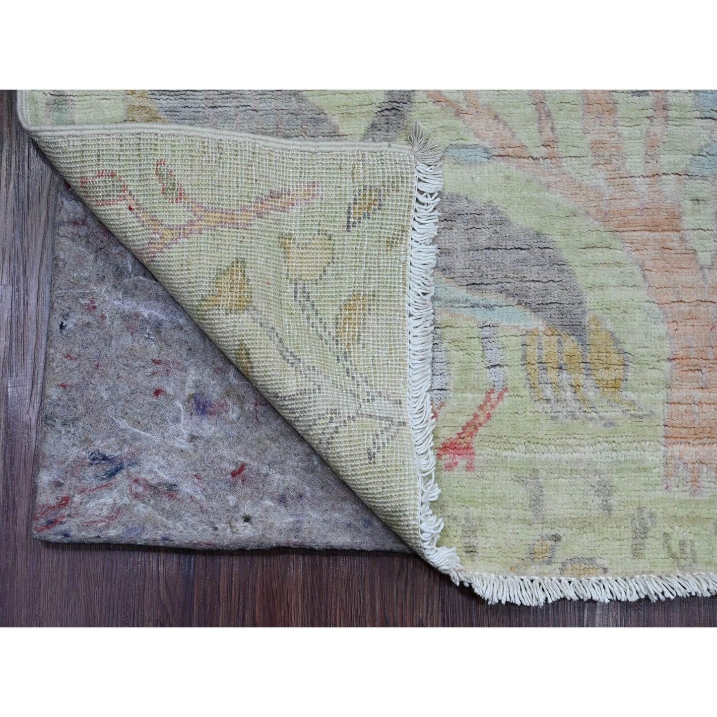 2'6"X11'4" Green Peshawar Birds Design Hand Knotted Soft Wool Runner Rug