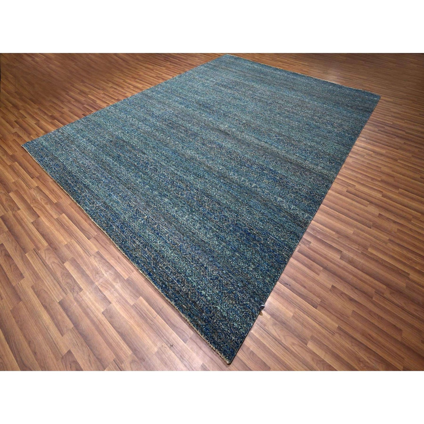 9'X12'1" Denim Blue Kohinoor Repetitive Design Hand Knotted Pure Wool Rug