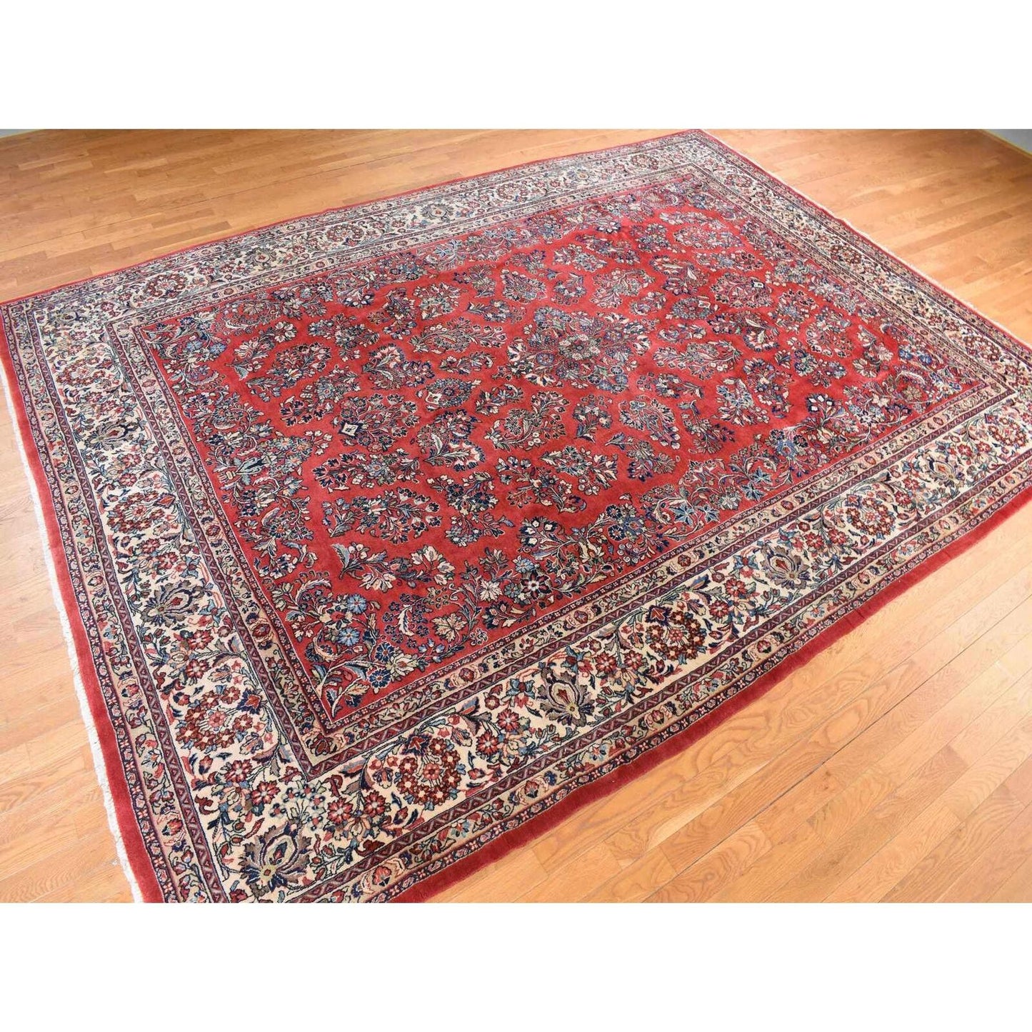 10'X13'9" Crimson Red Vintage Zoroastrian Saroogh Wool Hand Knotted Rug