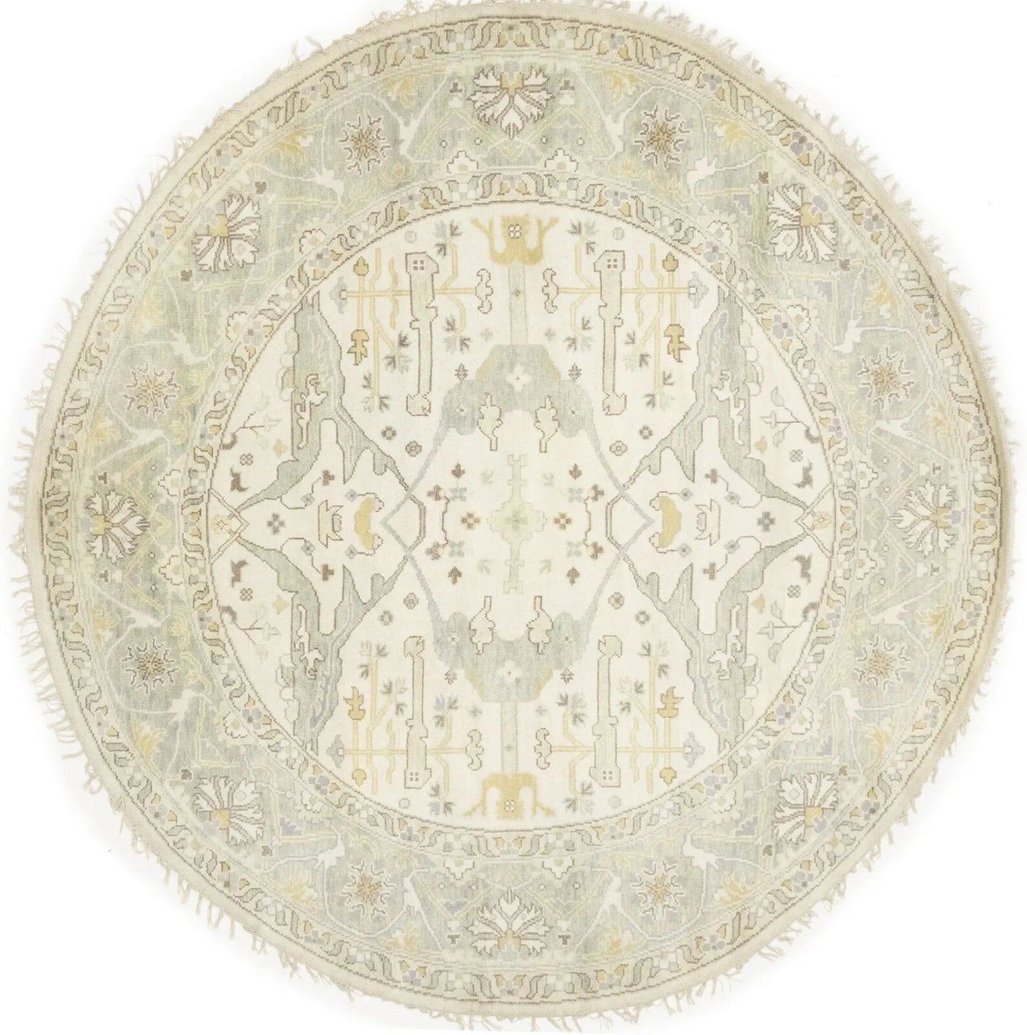 Hand-Knotted Cream Oushak Floral Round Rug
