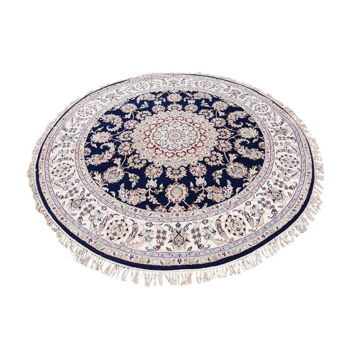 6'X6' Midnight Blue Nain Wool 250 Kpsi Hand Knotted Round Oriental Rug