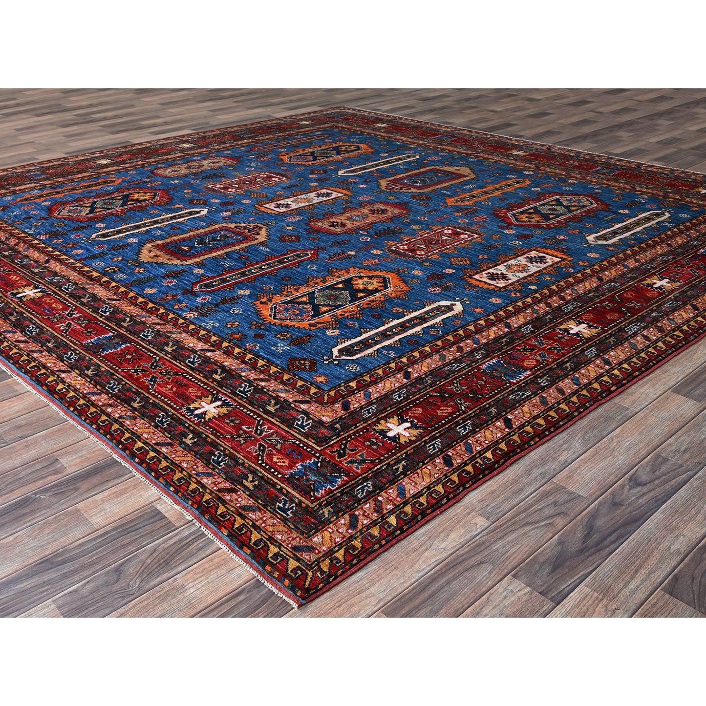 10'X10' Imperial Blue Caucasian Design Revival Hand Knotted Wool Square Rug