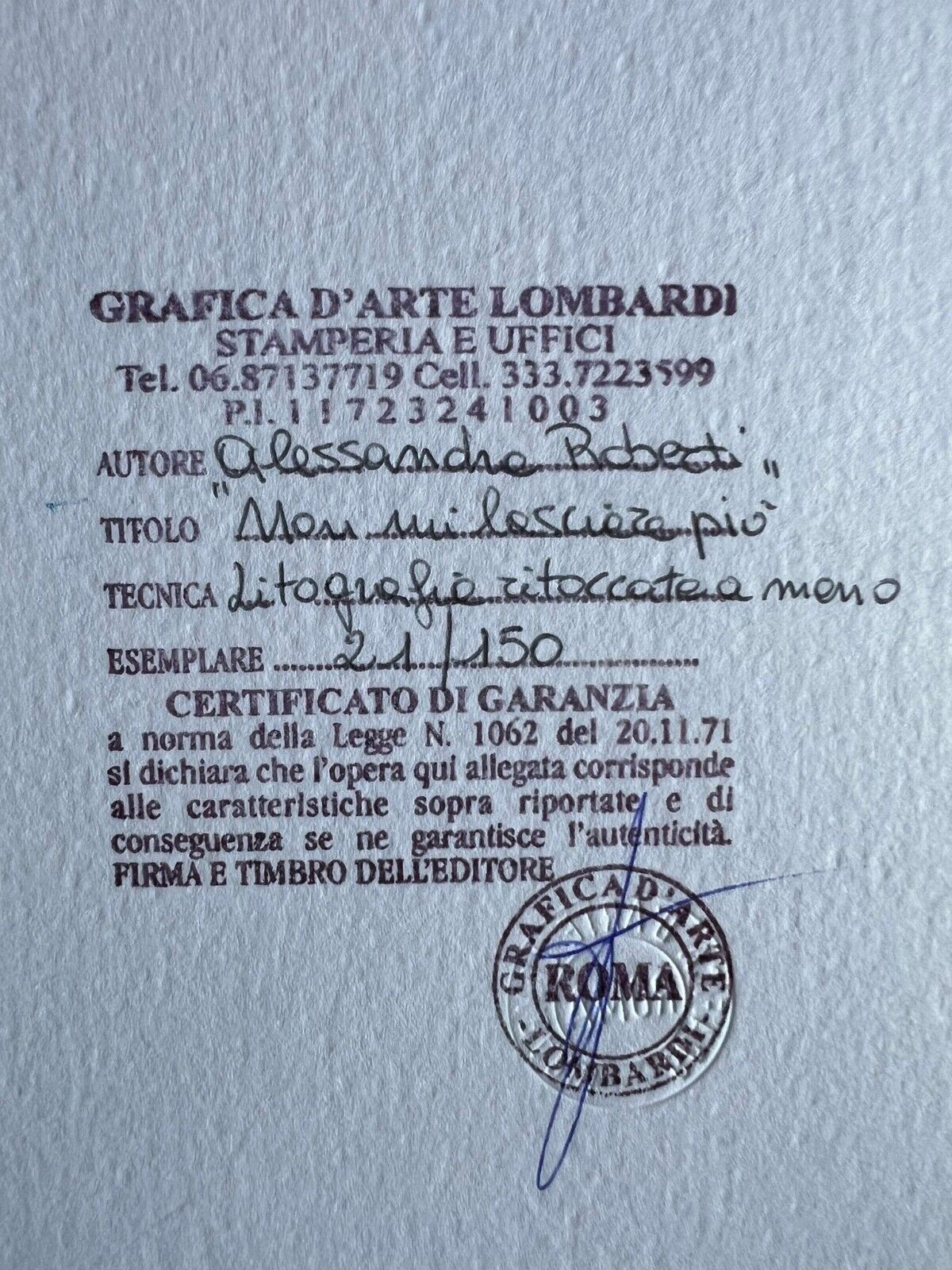 Alessandra Roberti Lithograph Colorata A Mano