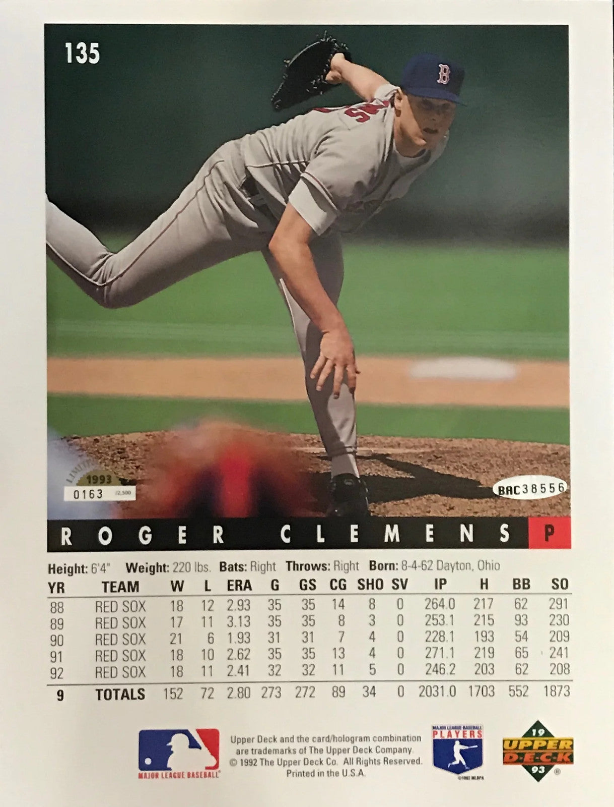 Roger Clemens Autographed 8X10 Baseball Photo Card (Upper Deck)