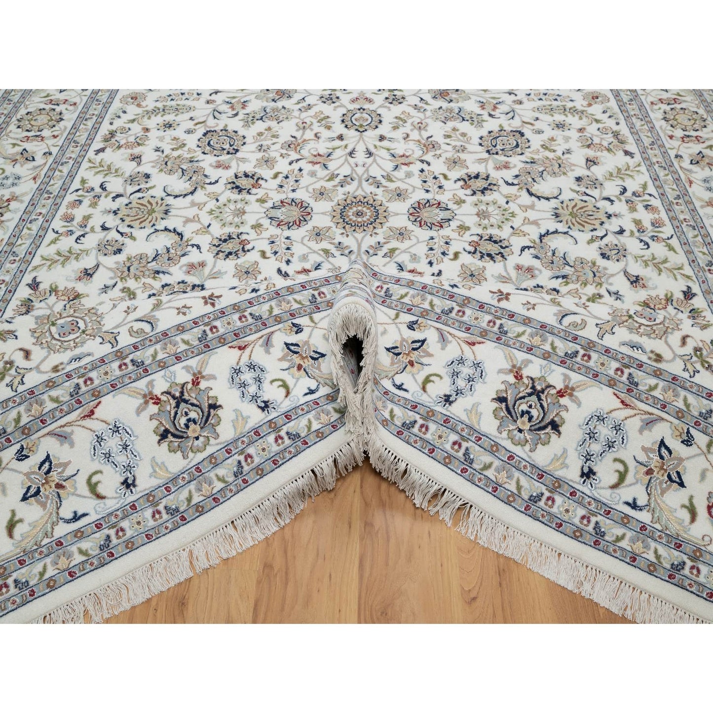 9'X12'1" White Hand Knotted Nain Flower Design Wool And Silk 250 Kpsi Rug