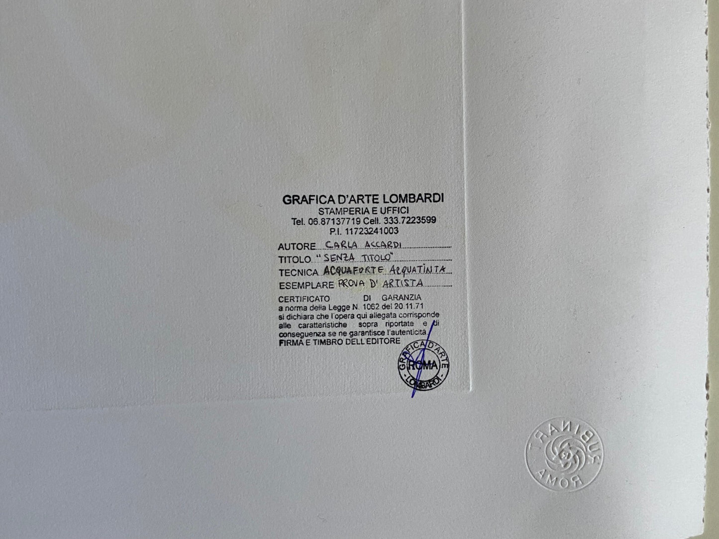 Carla Accardi Etching Aquatint Signed Numbered Published Certified