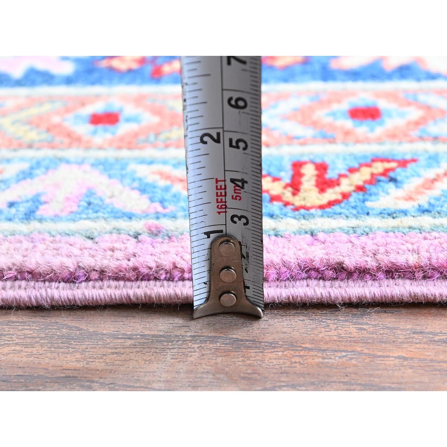 5'X6'7" Aurora Pink Kazak With Geometric Design Hand Knotted Pure Wool Rug