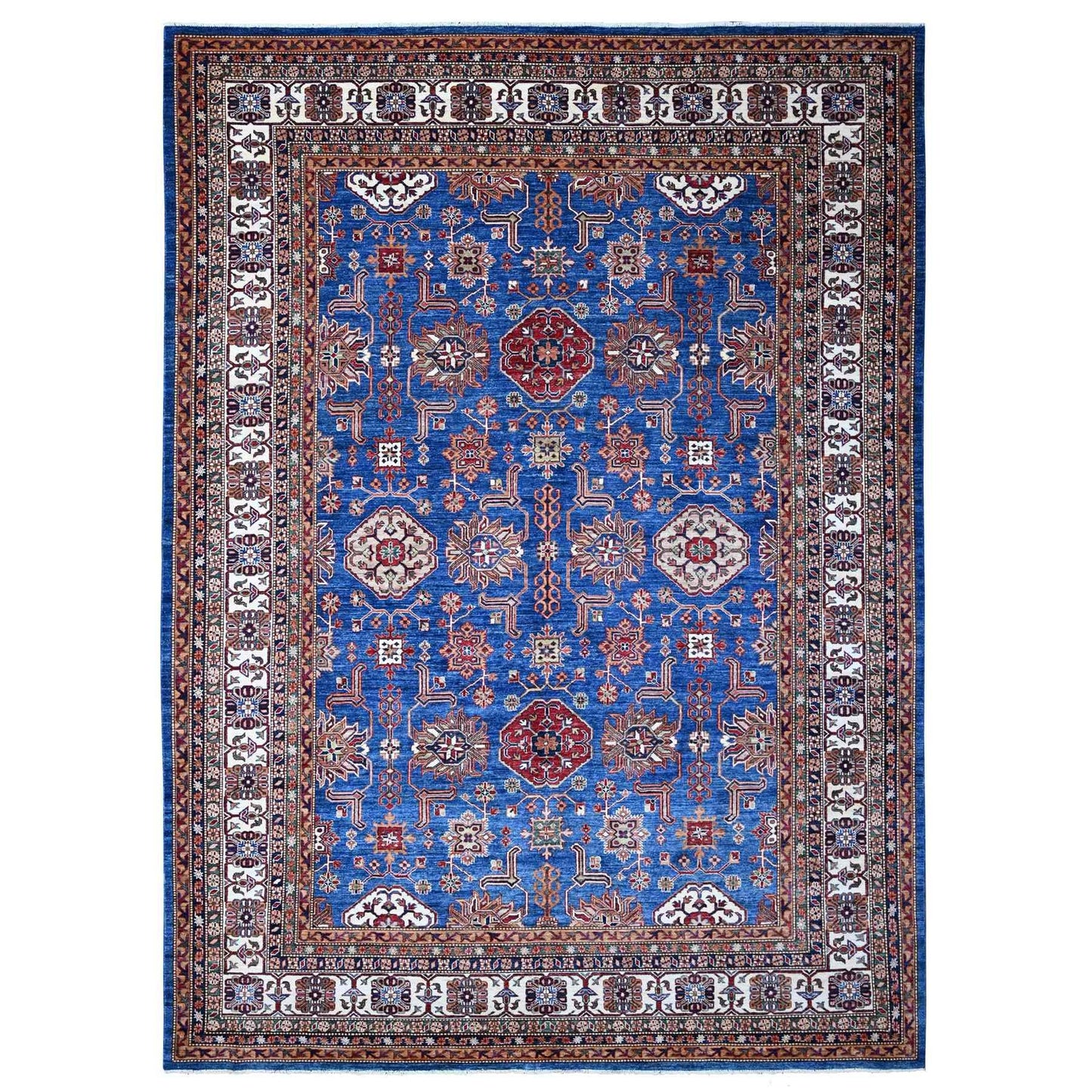 9'10"X13'5" Periwinkle Blue Super Kazak Wool Hand Knotted Geometric Rug