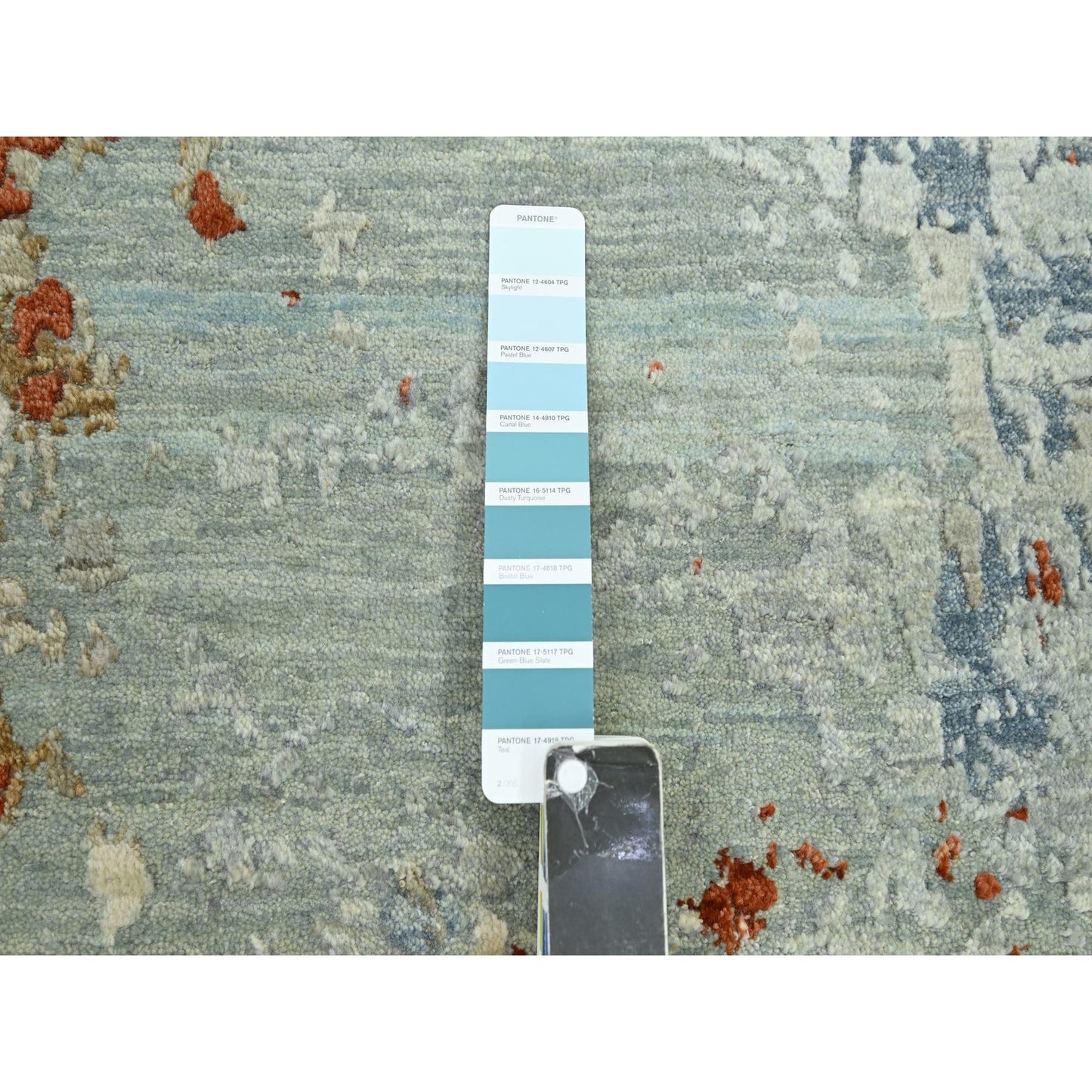 9'X12'3" Green With Beige Abstract Design Pure Wool Hand Knotted Rug
