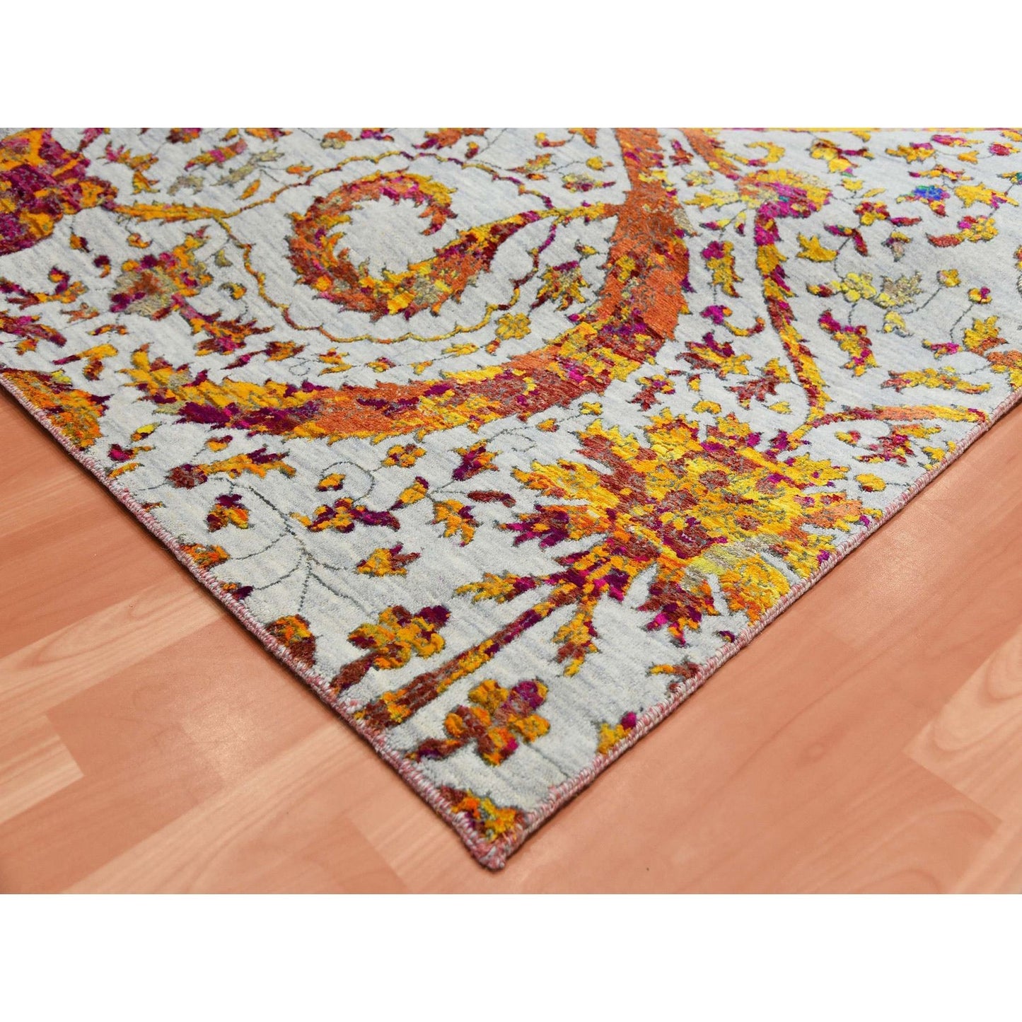 9'X12' Gray Erased Zoroastrian Design Silk With Wool Hand Knotted Rug