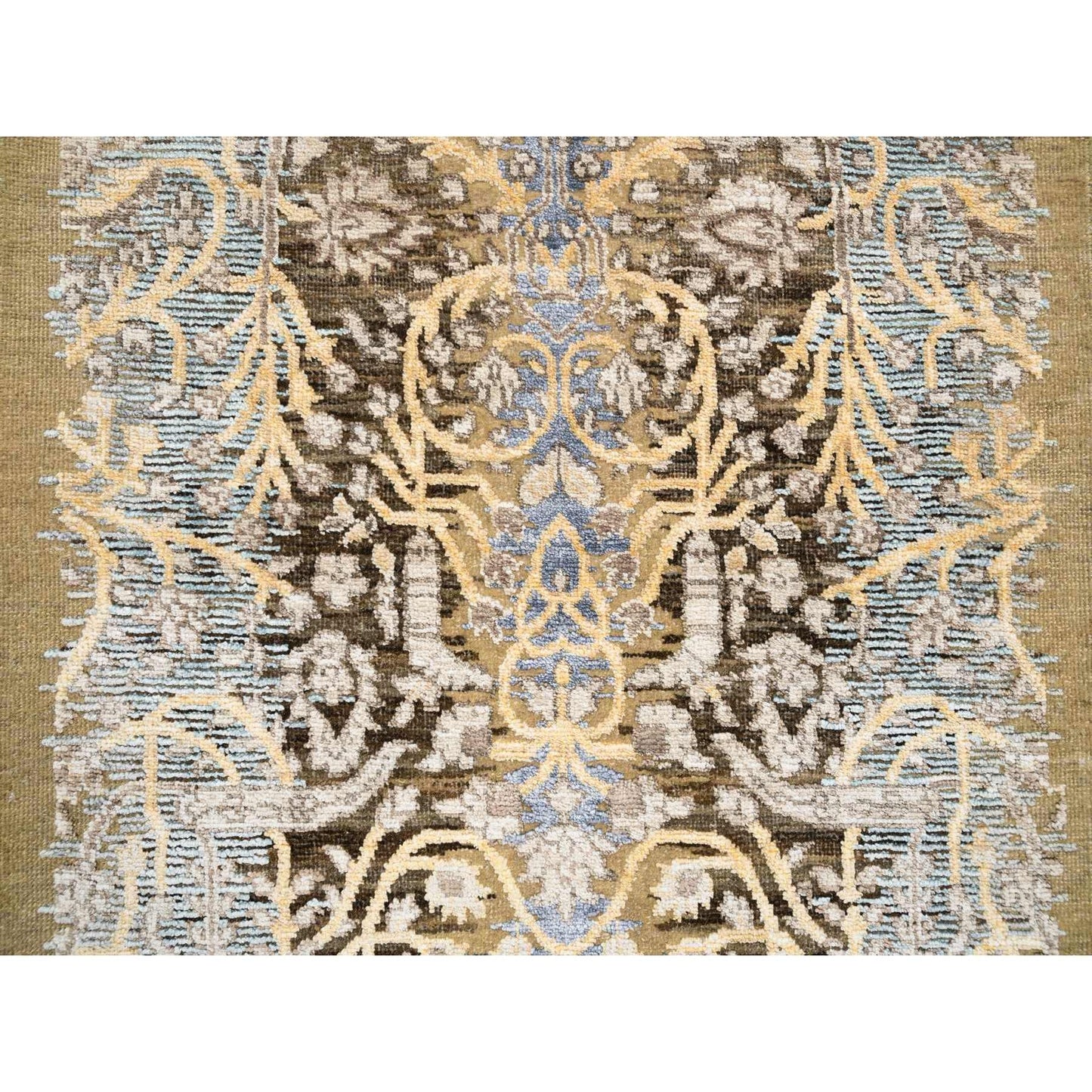 2'7"X22' Gold Brown Hand Knotted Silk With Textured Wool Xl Runner Rug