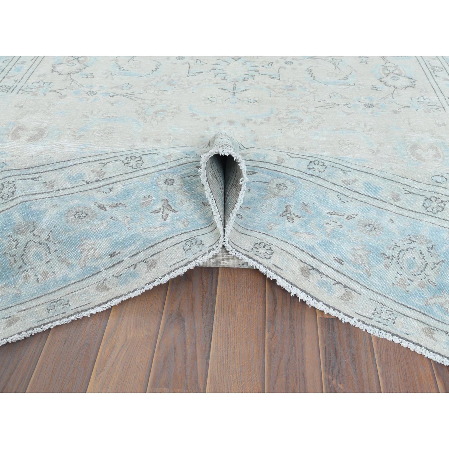 6'6"X9'7" Hand Knotted Ivory Vintage Farsian Karman Worn Wool Rug