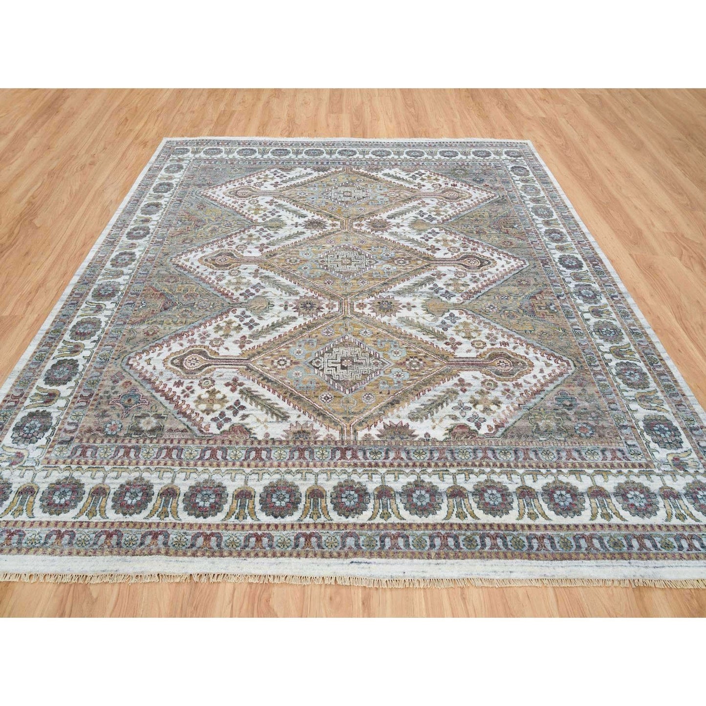 9'10"X10' Ivory Wool Hand Knotted Flower Rosettes Border Oriental Rug