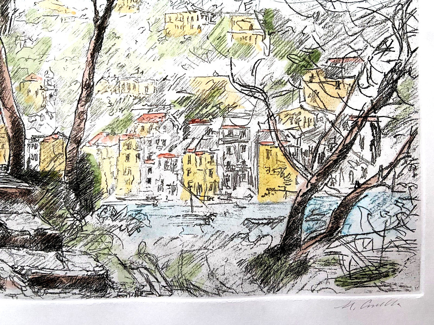 Michele Cascella "Portofino" Engraving Watercolor