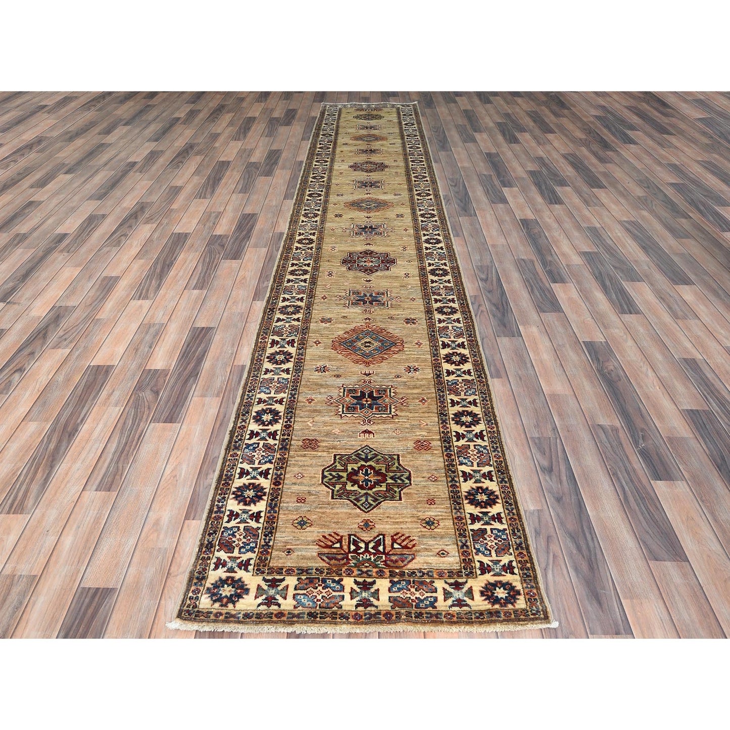 2'7"X13'6" Chamomile Afghan Super Kazak Wool Hand Knotted Rug
