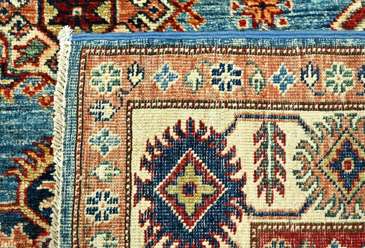 Tribal Geometric Kazak Area Rug Blue Farmho Boho
