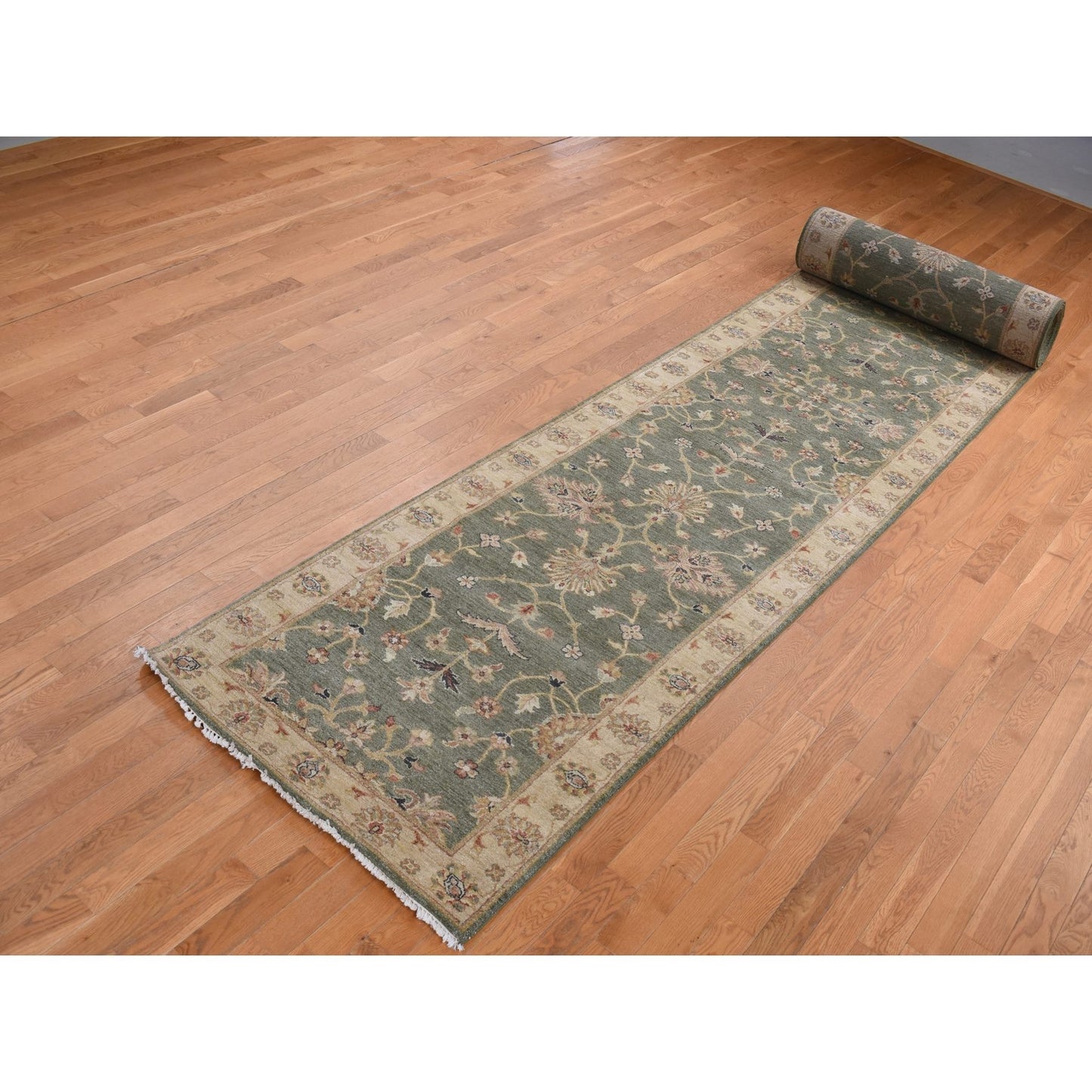3'6"X32'2" Moss Green Pure Wool Hard Twist Agra Runner Hand Knotted Rug