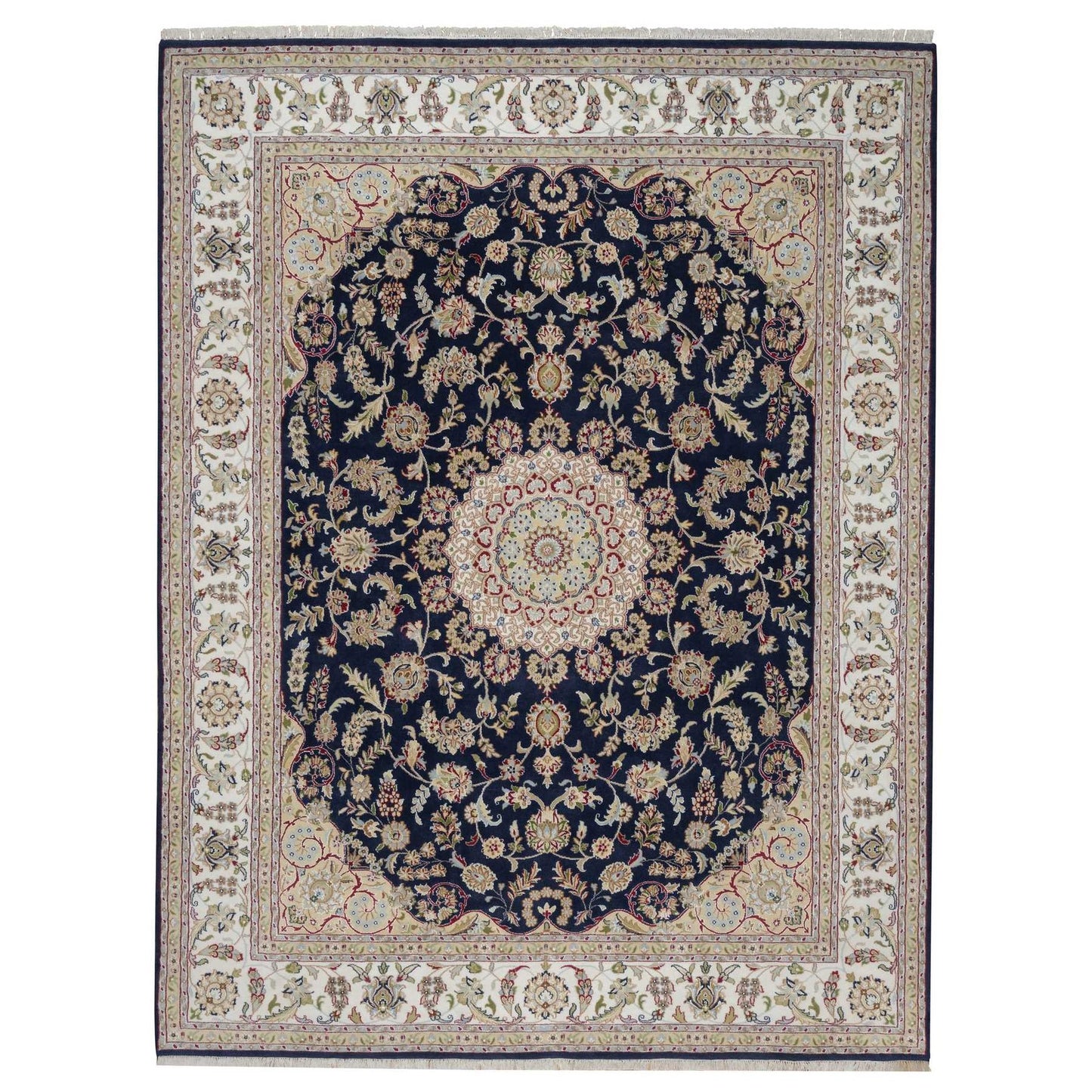 7'10"X10'3" Navy Nain Medallion Design Wool And Silk Hand Knotted Rug